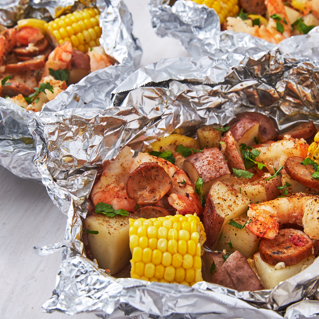 Grilled food cooked in a tin foil pack